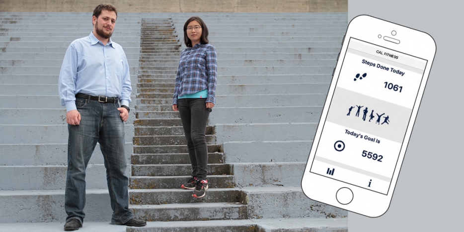 IEOR Ph.D. students Yonatan Mintz and Mo Zhou and an illustration of their mobile health app. (Photo by Danial McGlynn)