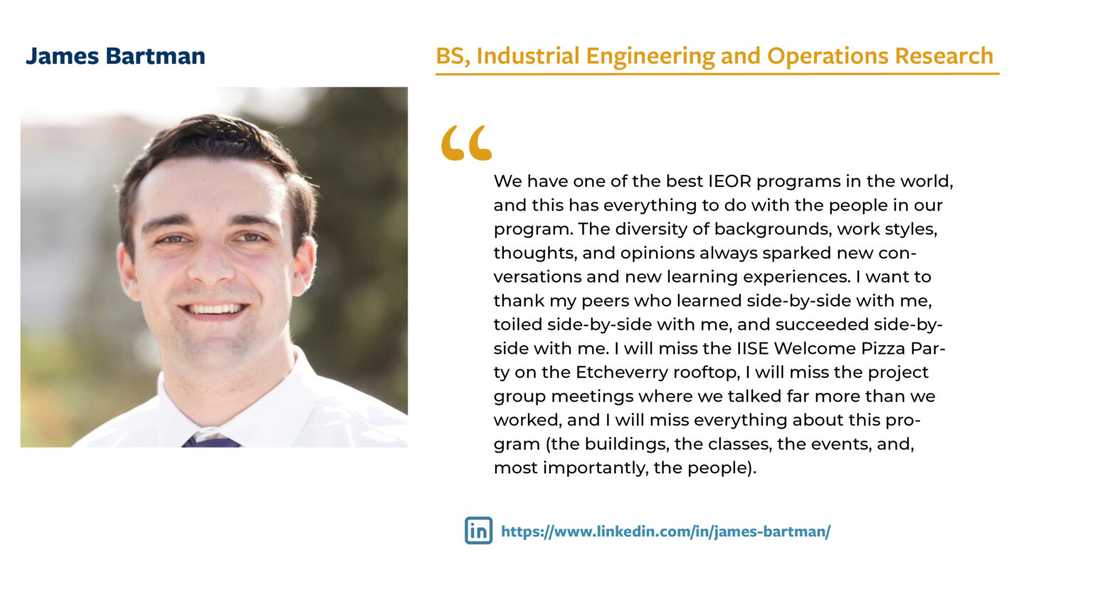 Jason Bartman BS IEOR 2023 grad photo and quote