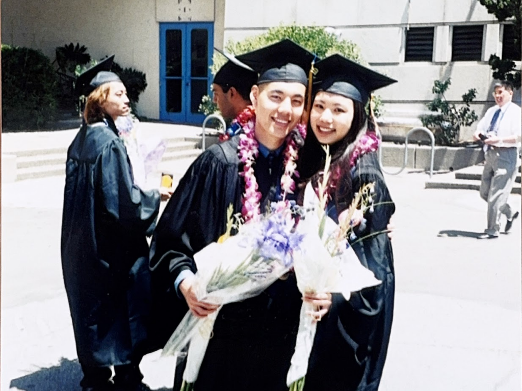 Sandra and Gabe, both Class of 2001 IEOR graduates, pictured in their regalia.