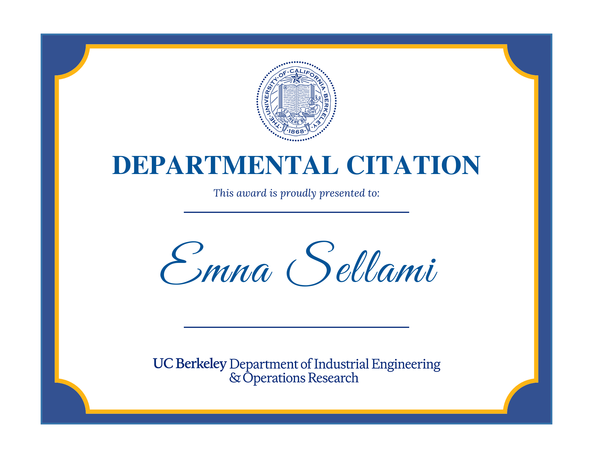 Departmental Citation award pring 2025 awarded to Emna Sellami