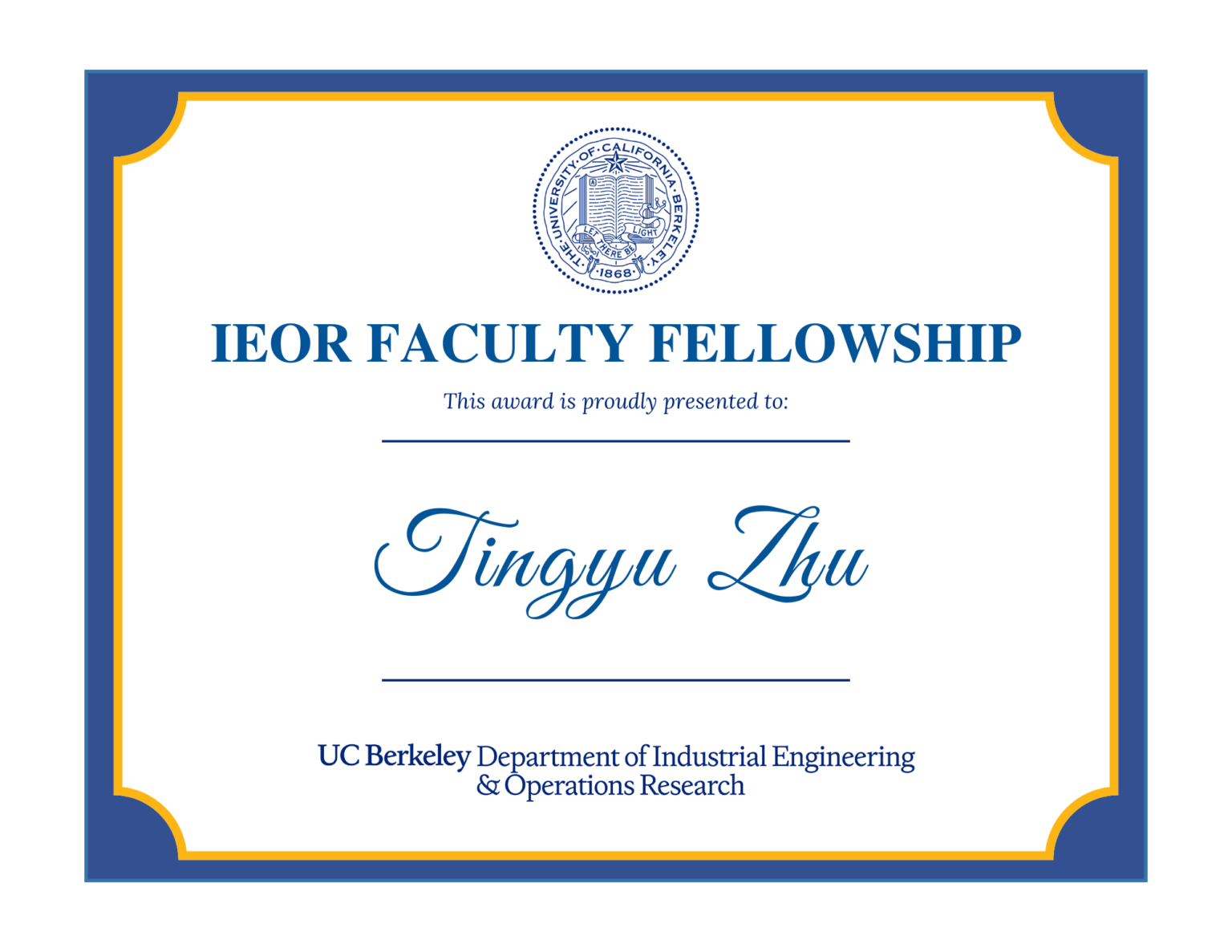 IEOR Faculty Fellowship award Spring 2025 awarded to Tingyu Zhu