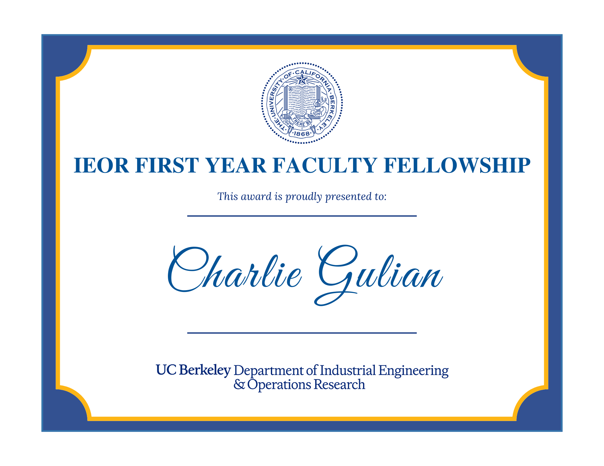 IEOR First Year Faculty Fellowship awarded to Charlie Gulian
