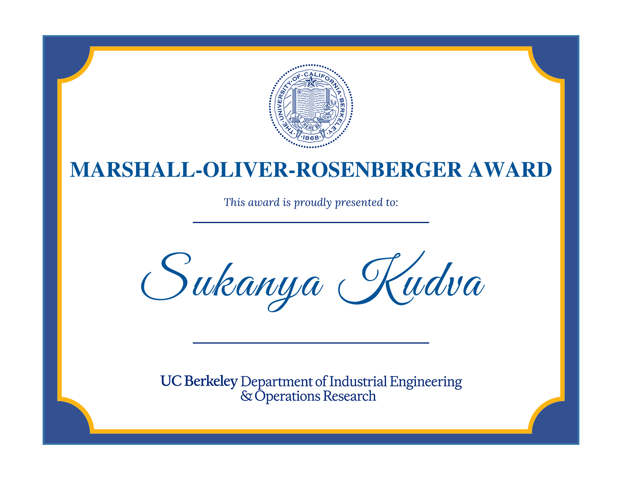 Marshall Oliver Rosenberger Award presented to Sukanya Kudva