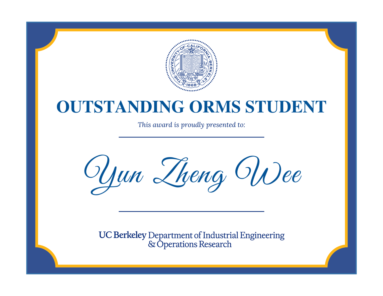 Outstanding ORMS Student award presented to Yun Zheng Wee