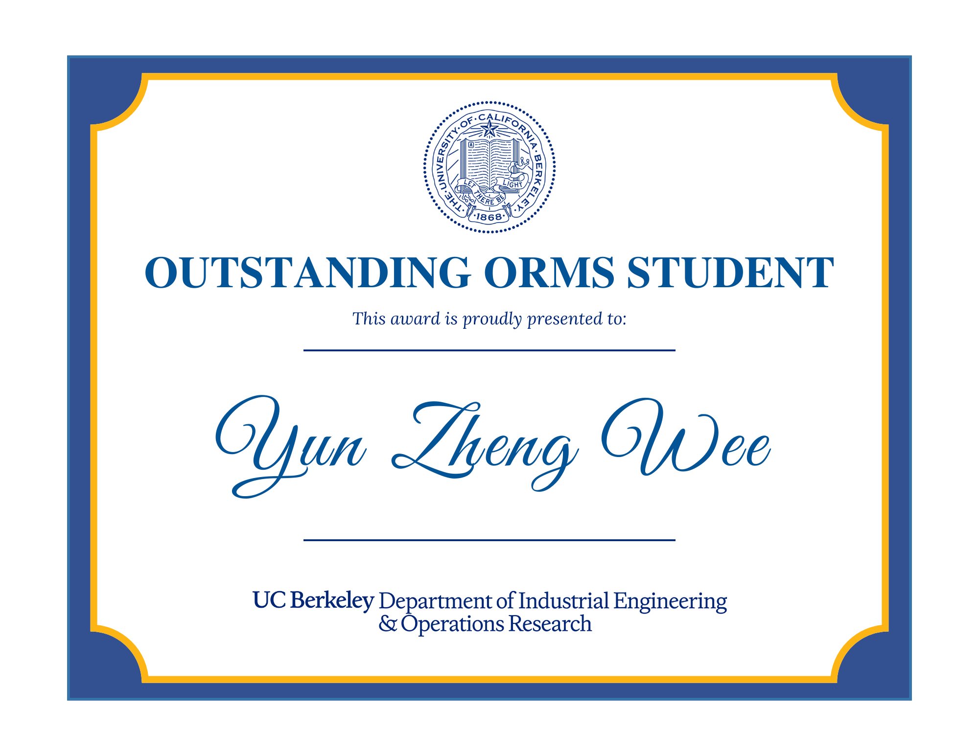 Outstanding ORMS Student award presented to Yun Zheng Wee