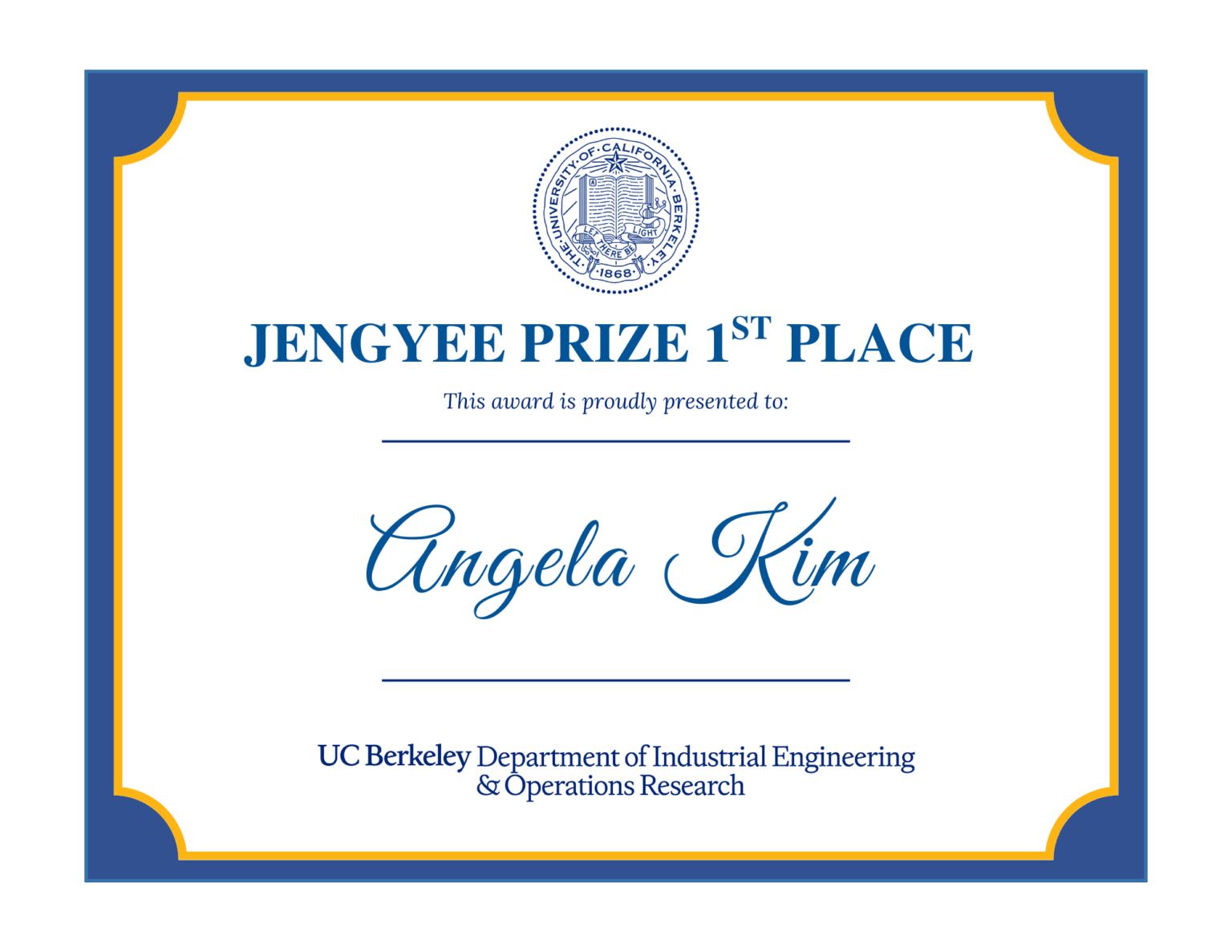 The Jegnyee prize first place awarded to Angela Kim