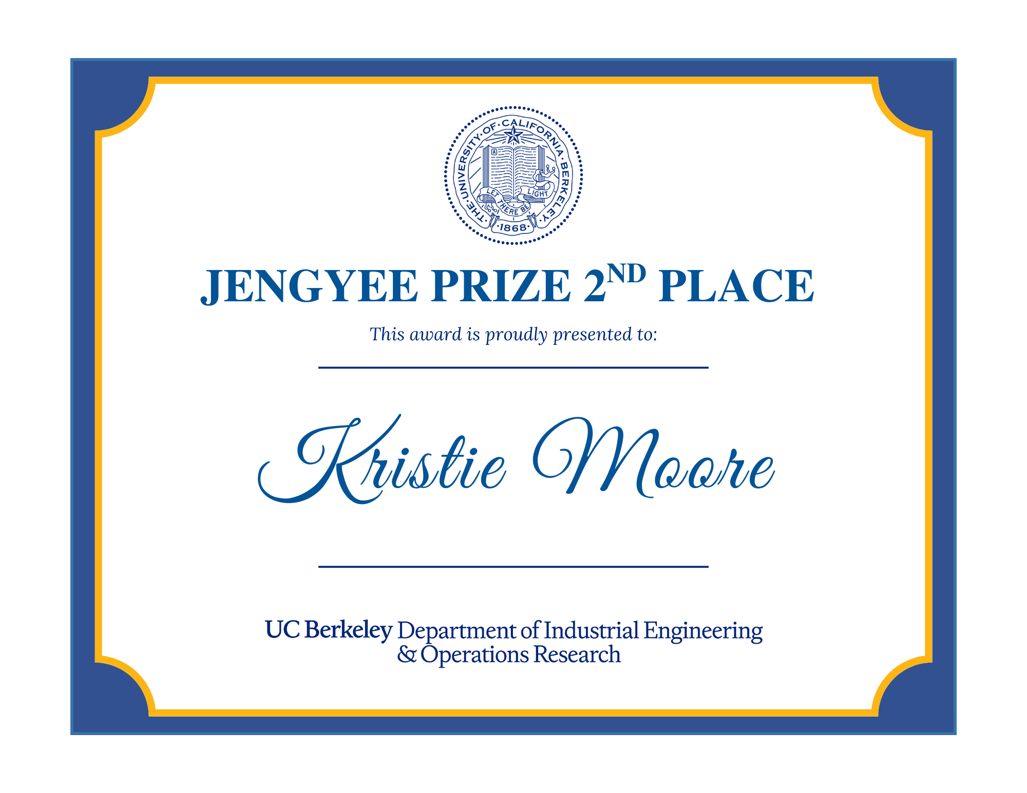 The Jengyee Price 2nd place winner awarded to Kristie Moore