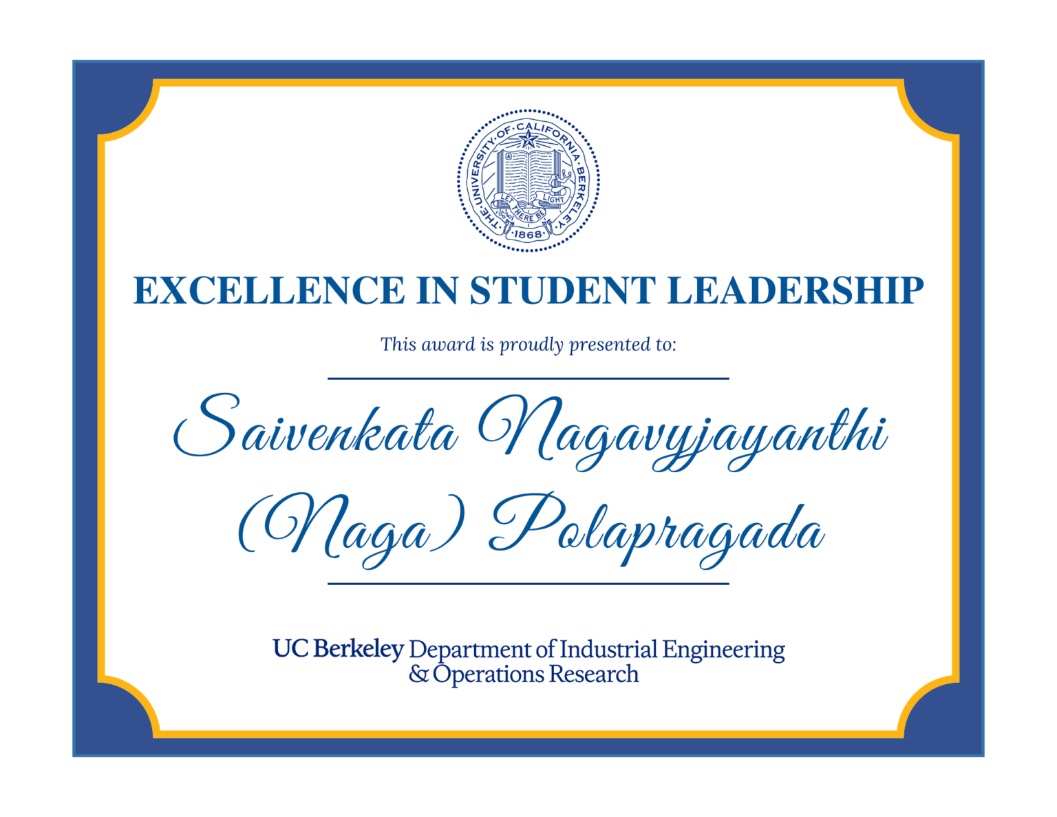 Excellence in student leadership prize awarded to Saivenkata Nagavyjayanthi (Naga) Polapragada
