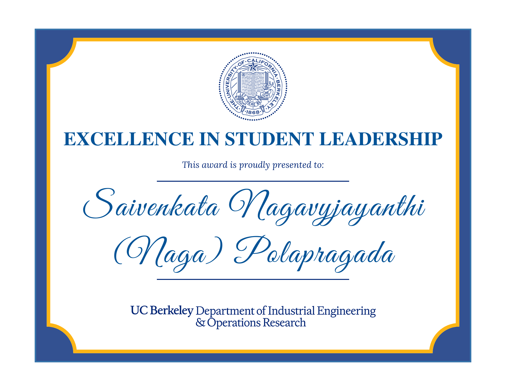 Excellence in student leadership prize awarded to Saivenkata Nagavyjayanthi (Naga) Polapragada