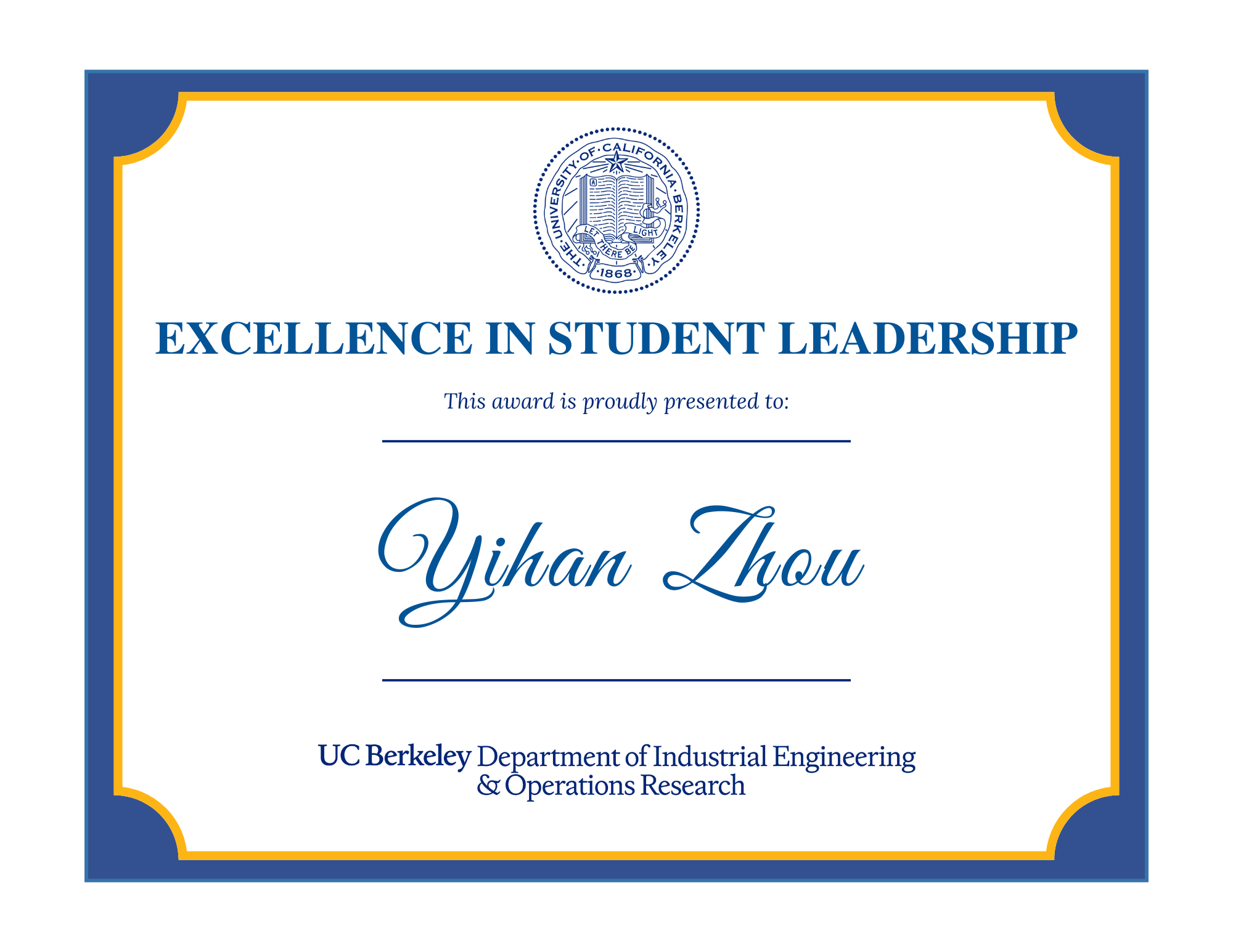 Excellence in student leadership prize awarded to Yihan Zhou