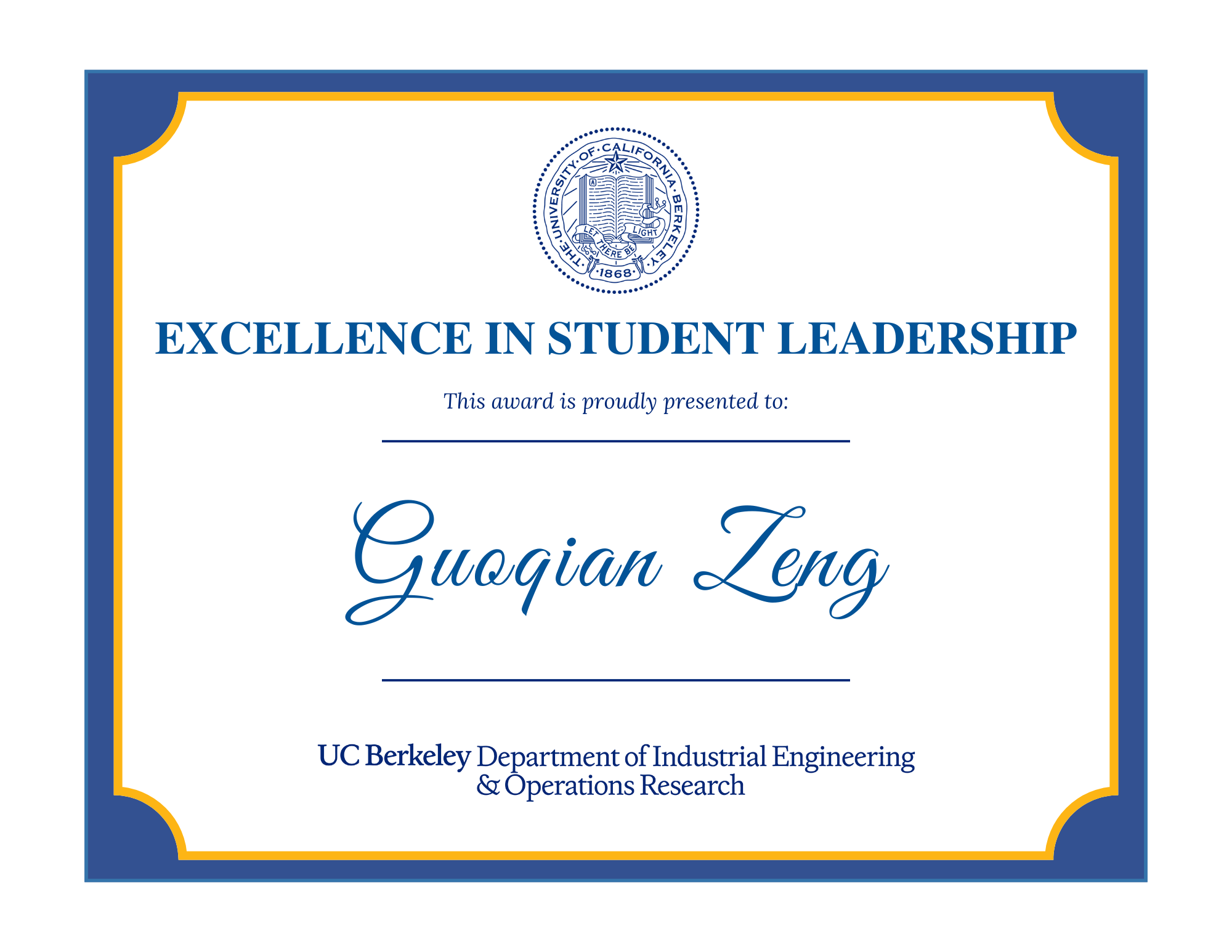 Excellence in student leadership prize awarded to Guoqian Zeng