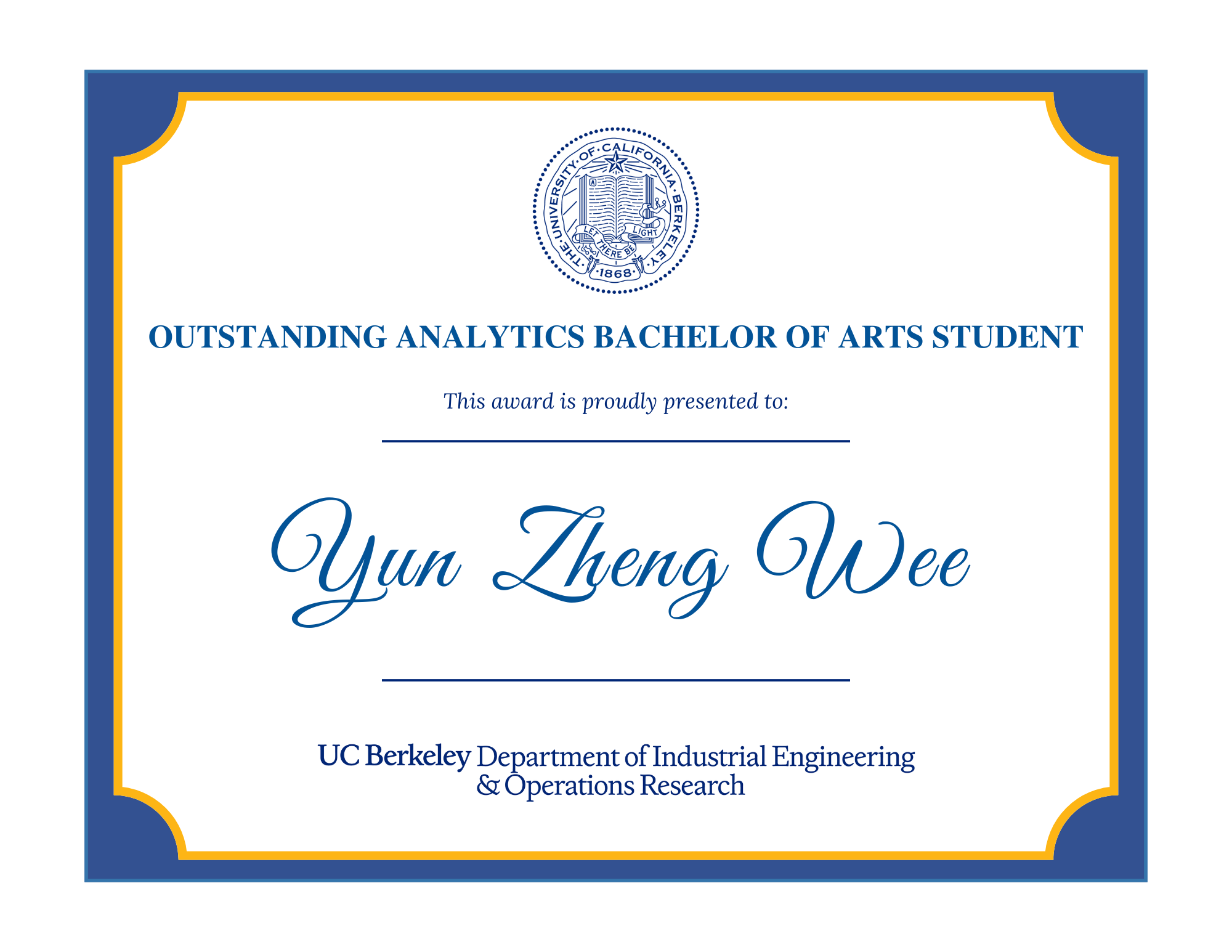 Outstanding Analytics Bachelor of Arts Student Prize awarded to Yun Zheng Wee