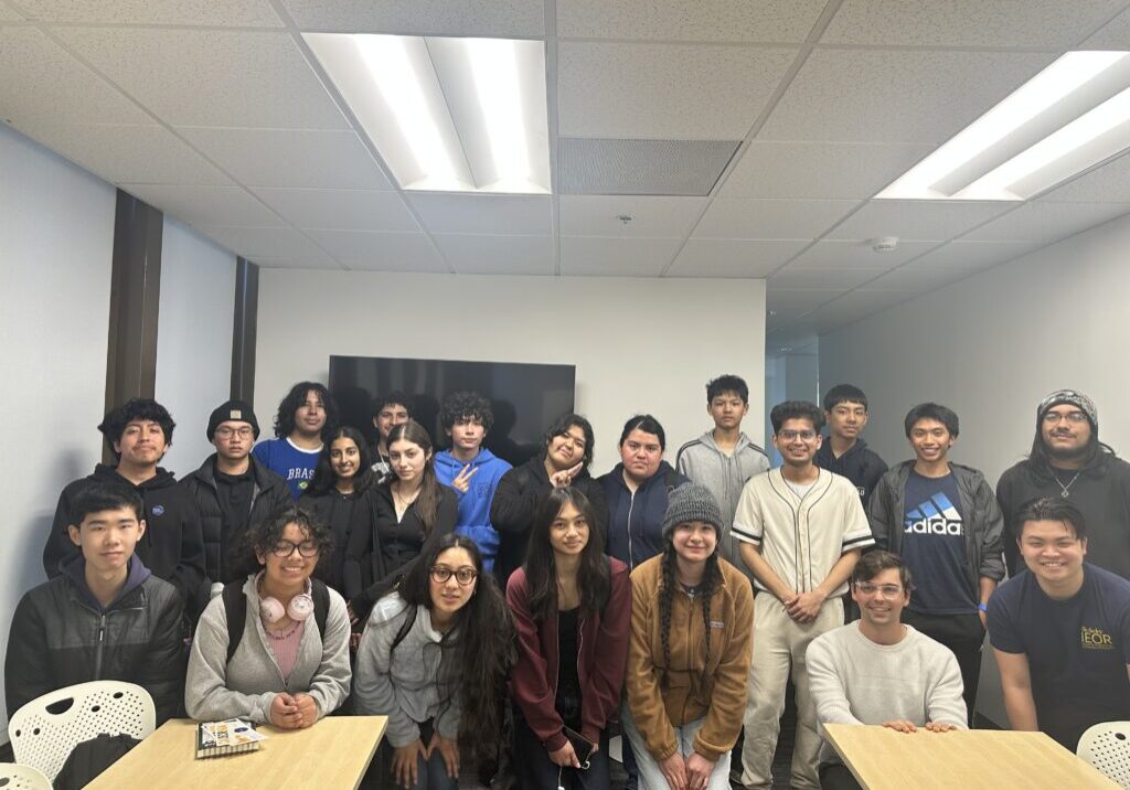 Group photo of high school students, along with Berkeley IEOR students, and Professor Phillip Kerger.